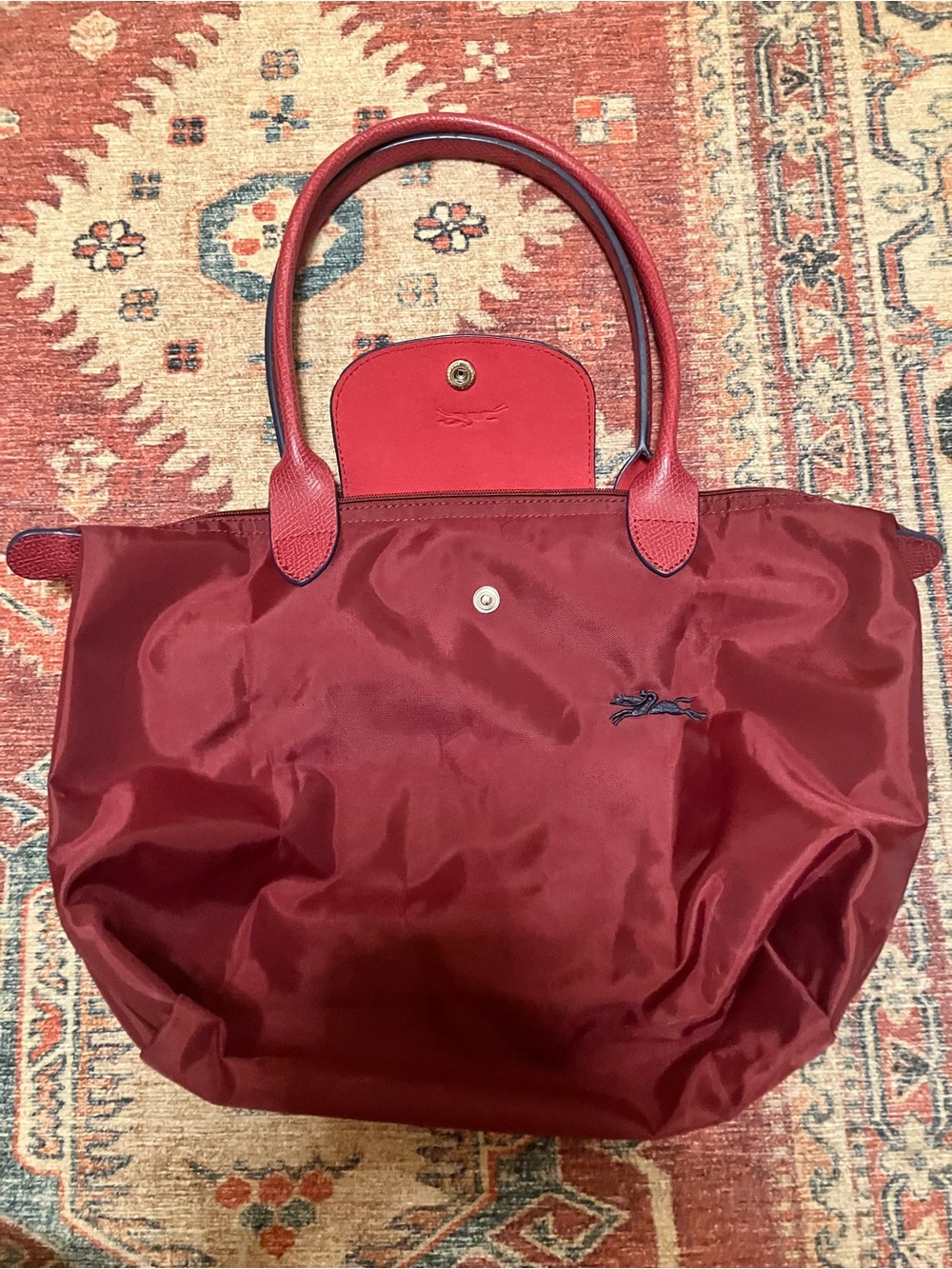 Longchamp Burgundy Nylon Tote with Red Leather Trim